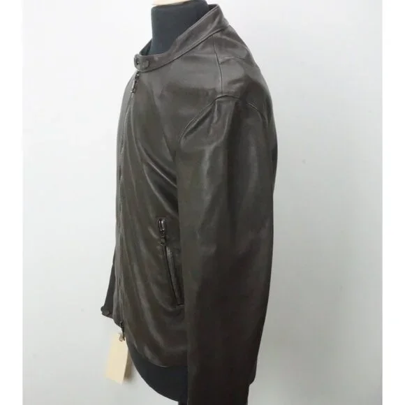 John Varvatos Lambskin Leather Brown Zip Front Jacket Sz 40 Brand Brand NEW